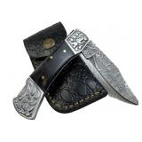 Damascus Steel Folding Blade Knife w/ Sheath