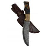 Lg Damascus Steel Fixed Blade Knife w/ Sheath