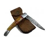 Damascus Steel Folding Blade Knife w/ Sheath