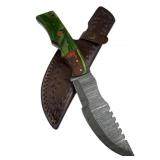 Lg Damascus Steel Fixed Blade Knife w/ Sheath