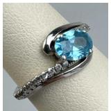 925 Silver Aquamarine w/ Diamond Accent Ring