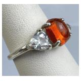 925 Silver Lab Orange Fire Opal & White Topaz Ring
