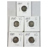 (5) 1940s WWII Era Silver Mercury Dimes, 90%