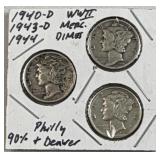 1940-1944 WWII Era Silver Mercury Dimes, 90%