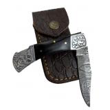 Damascus Steel Folding Blade Knife w/ Sheath