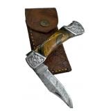 Damascus Steel Folding Blade Knife w/ Sheath