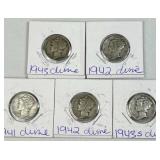 (5) 1941-1943 Mercury Silver Dimes, 10c US Coins