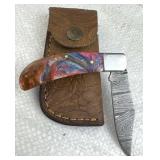 Damascus Steel Folding Blade Knife w/ Sheath