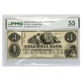 1852 $3 Columbia Bank Washington DC PMG 55 AU