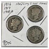 1916, 1917, 1918-D Mercury Silver Dimes, 90%