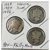 1923, 1924, 1925 Mercury Silver Dimes, 90%