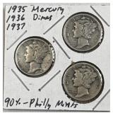 1935, 1936, 1937 Mercury Silver Dimes, 90%