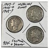 1943-S, 1944-D, 1945-S Mercury Silver Dimes