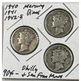 1940, 1941, 1942-S Mercury Silver Dimes, 90%