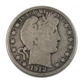 1912 Barber Silver Half Dollar, 50c US Coin, 90%