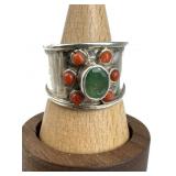 925 Silver Green Chalcedony & Coral Floral Wide Ba