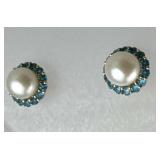 925 Silver Faux Pearl & Blue Zirconia Halo Post Ea
