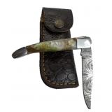 Damascus Steel Folding Blade Knife w/ Sheath