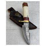 Sm Damascus Steel Fixed Blade Knife w/ Sheath