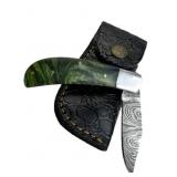 Damascus Steel Folding Blade Knife w/ Sheath