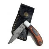 Damascus Steel Folding Blade Knife w/ Sheath