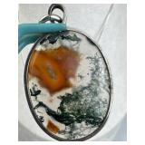 925 Silver Vtg Moss Agate & Chalcedony Pendant Nec