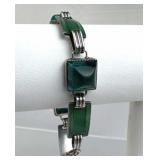 925 Silver Art Deco Green Enamel & Teal Glass Brac