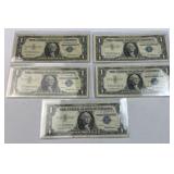 (5) 1957 US $1 Silver Certificates
