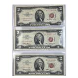 (3) 1963 US $2 Red Seal Bank Notes