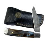 Damascus Steel Folding Blade Knife w/ Sheath