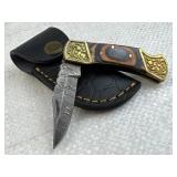 Damascus Steel Folding Blade Knife w/ Sheath