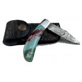 Damascus Steel Folding Blade Knife w/ Sheath
