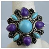 925 Silver Blue & Purple Stone Cluster Ring