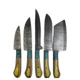 (5) Damascus Steel Chef's Kitchen Knives Set