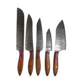 (5) Damascus Steel Chef's Kitchen Knives Set