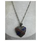925 Silver Vtg HAN Red & Blue CZ & Marcasite Heart