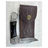 Damascus Steel Folding Blade Knife w/ Sheath