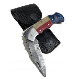 Damascus Steel Folding Blade Knife w/ Sheath