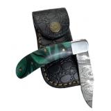 Damascus Steel Folding Blade Knife w/ Sheath