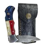 Damascus Steel Folding Blade Knife w/ Sheath