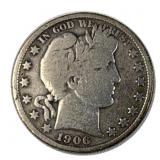 1906 Barber Silver Half Dollar, 50c US Coin, 90%