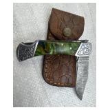 Damascus Steel Folding Blade Knife w/ Sheath