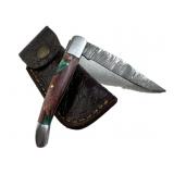 Damascus Steel Folding Blade Knife w/ Sheath