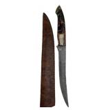 Damascus Steel Long Fillet Blade Knife w/ Sheath