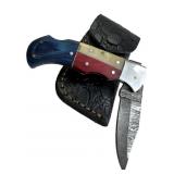 Damascus Steel Folding Blade Knife w/ Sheath