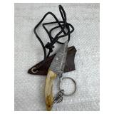 Damascus Steel Mini Knife w/ Sheath & Lanyard