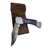 Damascus Steel Folding Blade Knife w/ Sheath