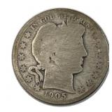1905 Barber Silver Half Dollar, 50c US Coin, 90%