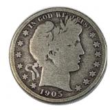 1905-S Barber Silver Half Dollar, 50c US Coin,