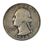1934 Washington Silver Quarter, 25c US Coin, 90%